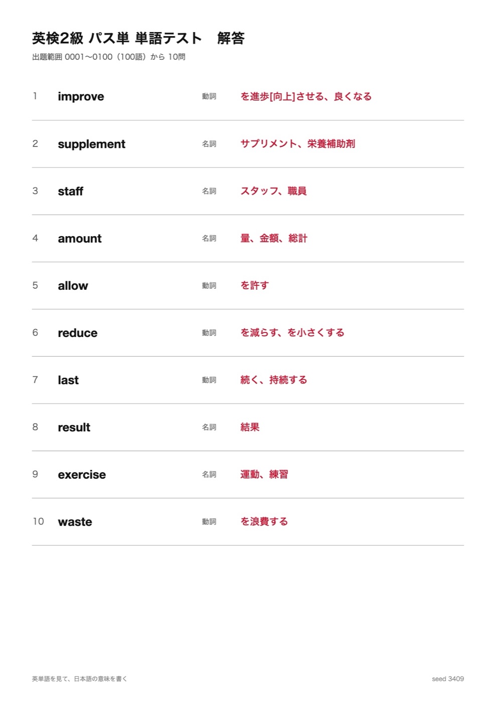 単語テストの解答